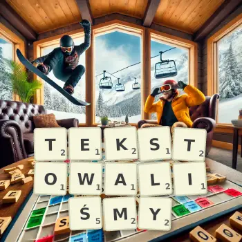 Kreatywna ilustracja do gry w Scrabble ze słowem TEKSTOWALIŚMY ułożonym z płytek na planszy.