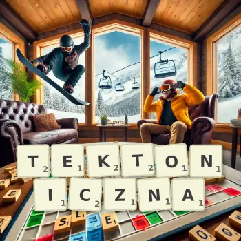 Kreatywna ilustracja do gry w Scrabble ze słowem TEKTONICZNA ułożonym z płytek na planszy.