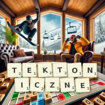 Kreatywna ilustracja do gry w Scrabble ze słowem TEKTONICZNE ułożonym z płytek na planszy.