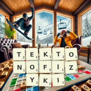 Kreatywna ilustracja do gry w Scrabble ze słowem TEKTONOFIZYKI ułożonym z płytek na planszy.
