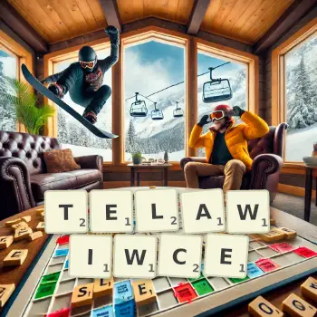 Kreatywna ilustracja do gry w Scrabble ze słowem TELAWIWCE ułożonym z płytek na planszy.