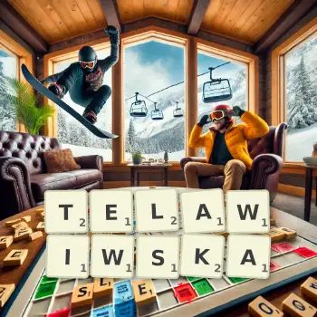 Kreatywna ilustracja do gry w Scrabble ze słowem TELAWIWSKA ułożonym z płytek na planszy.
