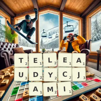 Kreatywna ilustracja do gry w Scrabble ze słowem TELEAUDYCJAMI ułożonym z płytek na planszy.