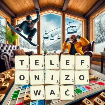 Kreatywna ilustracja do gry w Scrabble ze słowem TELEFONIZOWAĆ ułożonym z płytek na planszy.