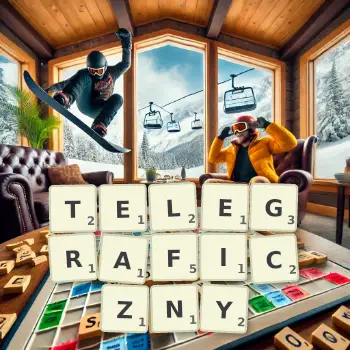 Kreatywna ilustracja do gry w Scrabble ze słowem TELEGRAFICZNY ułożonym z płytek na planszy.