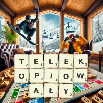 Kreatywna ilustracja do gry w Scrabble ze słowem TELEKOPIOWAŁY ułożonym z płytek na planszy.