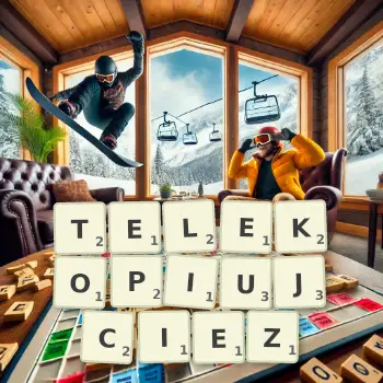 Kreatywna ilustracja do gry w Scrabble ze słowem TELEKOPIUJCIEZ ułożonym z płytek na planszy.