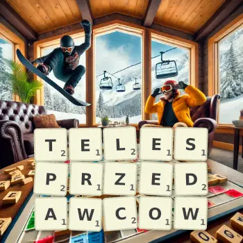 Kreatywna ilustracja do gry w Scrabble ze słowem TELESPRZEDAWCOW ułożonym z płytek na planszy.