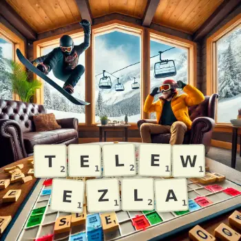 Kreatywna ilustracja do gry w Scrabble ze słowem TELEWEZLA ułożonym z płytek na planszy.