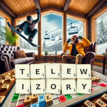 Kreatywna ilustracja do gry w Scrabble ze słowem TELEWIZORY ułożonym z płytek na planszy.