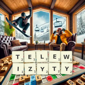 Kreatywna ilustracja do gry w Scrabble ze słowem TELEWIZYTY ułożonym z płytek na planszy.