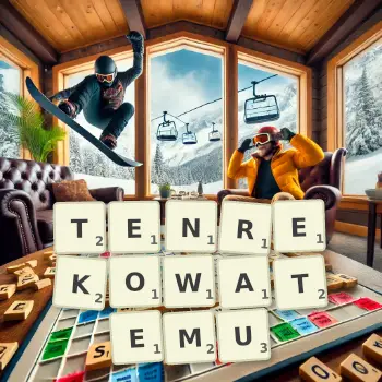 Kreatywna ilustracja do gry w Scrabble ze słowem TENREKOWATEMU ułożonym z płytek na planszy.