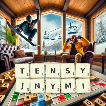 Kreatywna ilustracja do gry w Scrabble ze słowem TENSYJNYMI ułożonym z płytek na planszy.