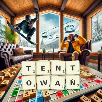 Kreatywna ilustracja do gry w Scrabble ze słowem TENTOWAŃ ułożonym z płytek na planszy.