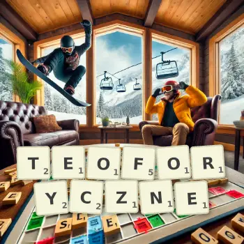 Kreatywna ilustracja do gry w Scrabble ze słowem TEOFORYCZNE ułożonym z płytek na planszy.