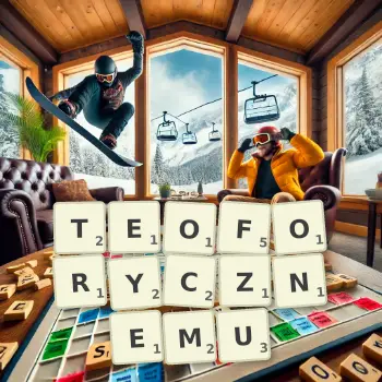Kreatywna ilustracja do gry w Scrabble ze słowem TEOFORYCZNEMU ułożonym z płytek na planszy.