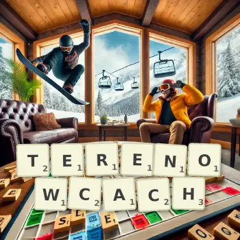 Kreatywna ilustracja do gry w Scrabble ze słowem TERENOWCACH ułożonym z płytek na planszy.