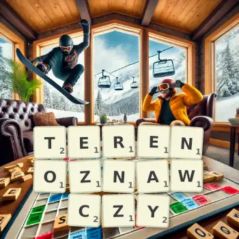 Kreatywna ilustracja do gry w Scrabble ze słowem TERENOZNAWCZY ułożonym z płytek na planszy.