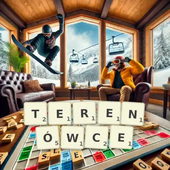 Kreatywna ilustracja do gry w Scrabble ze słowem TERENÓWCE ułożonym z płytek na planszy.