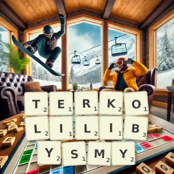 Kreatywna ilustracja do gry w Scrabble ze słowem TERKOLILIBYSMY ułożonym z płytek na planszy.
