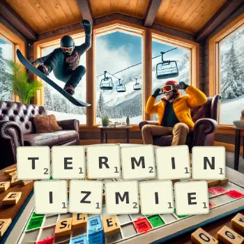 Kreatywna ilustracja do gry w Scrabble ze słowem TERMINIZMIE ułożonym z płytek na planszy.