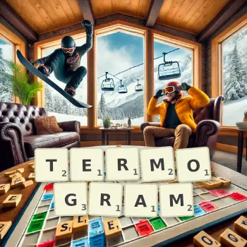 Kreatywna ilustracja do gry w Scrabble ze słowem TERMOGRAM ułożonym z płytek na planszy.