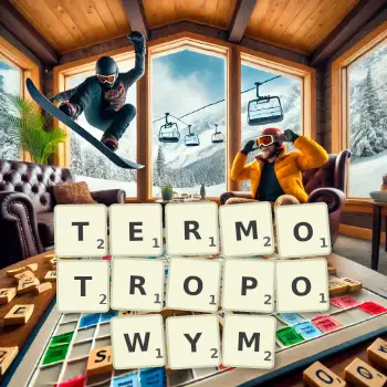 Kreatywna ilustracja do gry w Scrabble ze słowem TERMOTROPOWYM ułożonym z płytek na planszy.