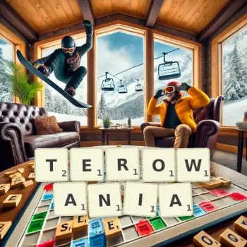 Kreatywna ilustracja do gry w Scrabble ze słowem TEROWANIA ułożonym z płytek na planszy.