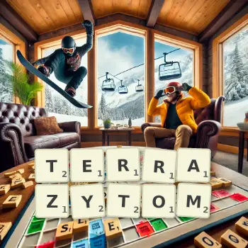 Kreatywna ilustracja do gry w Scrabble ze słowem TERRAZYTOM ułożonym z płytek na planszy.