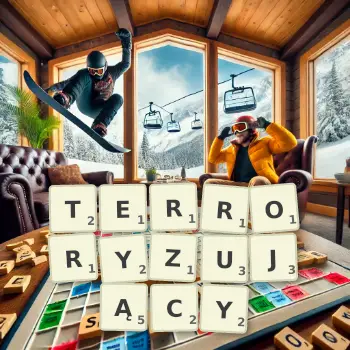 Kreatywna ilustracja do gry w Scrabble ze słowem TERRORYZUJĄCY ułożonym z płytek na planszy.