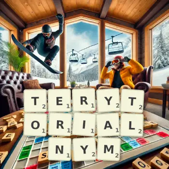 Kreatywna ilustracja do gry w Scrabble ze słowem TERYTORIALNYM ułożonym z płytek na planszy.