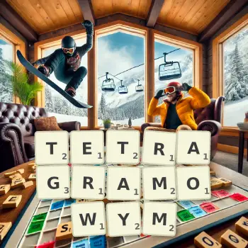 Kreatywna ilustracja do gry w Scrabble ze słowem TETRAGRAMOWYM ułożonym z płytek na planszy.
