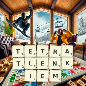 Kreatywna ilustracja do gry w Scrabble ze słowem TETRATLENKIEM ułożonym z płytek na planszy.