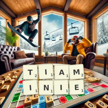 Kreatywna ilustracja do gry w Scrabble ze słowem TIAMINIE ułożonym z płytek na planszy.