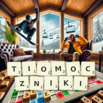 Kreatywna ilustracja do gry w Scrabble ze słowem TIOMOCZNIKI ułożonym z płytek na planszy.