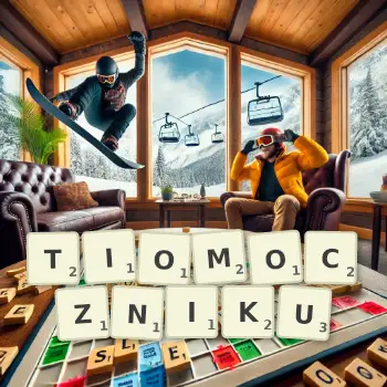 Kreatywna ilustracja do gry w Scrabble ze słowem TIOMOCZNIKU ułożonym z płytek na planszy.