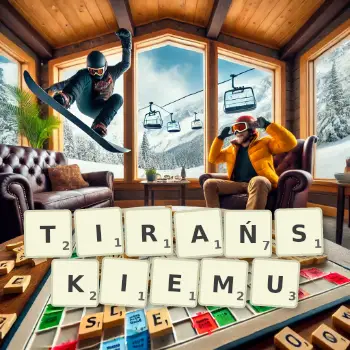 Kreatywna ilustracja do gry w Scrabble ze słowem TIRAŃSKIEMU ułożonym z płytek na planszy.