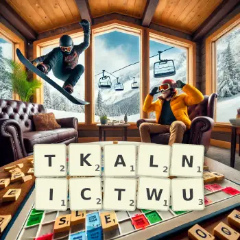 Kreatywna ilustracja do gry w Scrabble ze słowem TKALNICTWU ułożonym z płytek na planszy.