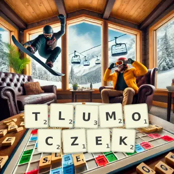 Kreatywna ilustracja do gry w Scrabble ze słowem TLUMOCZEK ułożonym z płytek na planszy.