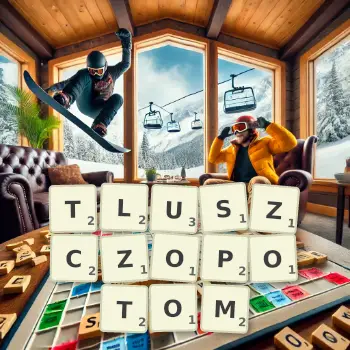 Kreatywna ilustracja do gry w Scrabble ze słowem TLUSZCZOPOTOM ułożonym z płytek na planszy.