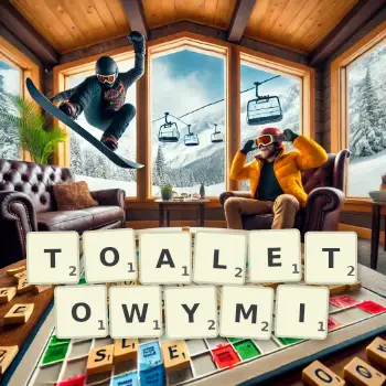 Kreatywna ilustracja do gry w Scrabble ze słowem TOALETOWYMI ułożonym z płytek na planszy.