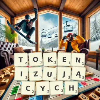Kreatywna ilustracja do gry w Scrabble ze słowem TOKENIZUJĄCYCH ułożonym z płytek na planszy.