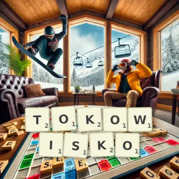 Kreatywna ilustracja do gry w Scrabble ze słowem TOKOWISKO ułożonym z płytek na planszy.