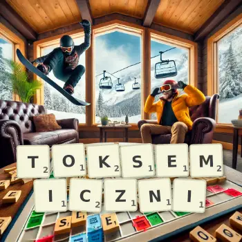 Kreatywna ilustracja do gry w Scrabble ze słowem TOKSEMICZNI ułożonym z płytek na planszy.