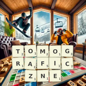 Kreatywna ilustracja do gry w Scrabble ze słowem TOMOGRAFICZNE ułożonym z płytek na planszy.