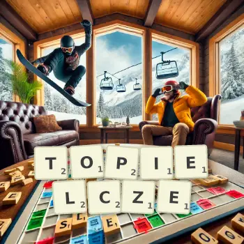 Kreatywna ilustracja do gry w Scrabble ze słowem TOPIELCZE ułożonym z płytek na planszy.