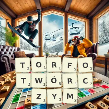 Kreatywna ilustracja do gry w Scrabble ze słowem TORFOTWÓRCZYM ułożonym z płytek na planszy.