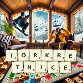 Kreatywna ilustracja do gry w Scrabble ze słowem TORKRETNICE ułożonym z płytek na planszy.
