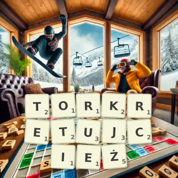 Kreatywna ilustracja do gry w Scrabble ze słowem TORKRETUJCIEŻ ułożonym z płytek na planszy.
