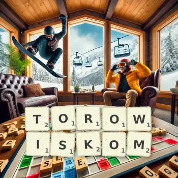 Kreatywna ilustracja do gry w Scrabble ze słowem TOROWISKOM ułożonym z płytek na planszy.